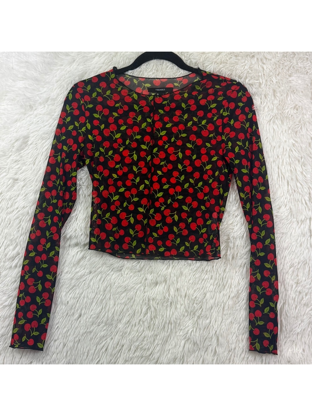 Forever 21 Cherry Mesh Long Sleeve Top Small